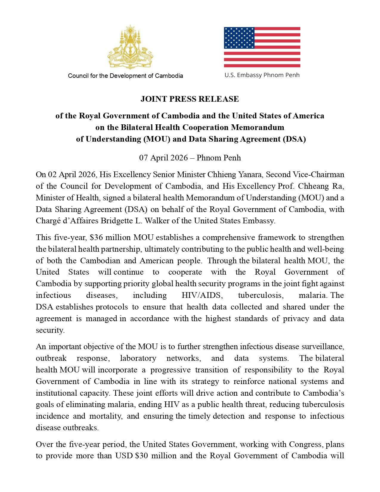 Joint Cambodia-U.S. Press Release on Bilateral Health Cooperation MOU and Data Sharing Agreement 