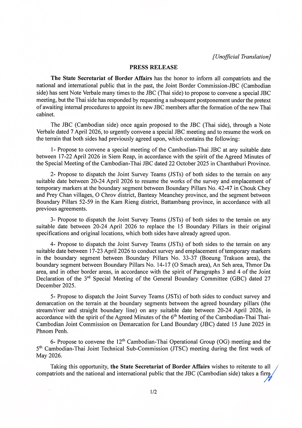 Cambodia Urges Thailand to Hold Urgent Border Talks and Resume Demarcation Work